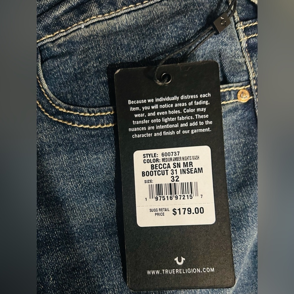 NWT True Religion SZ 32 Blue denim 5-pocket bootcut w/gold studs/waist 34”-38” - Picture 9 of 10